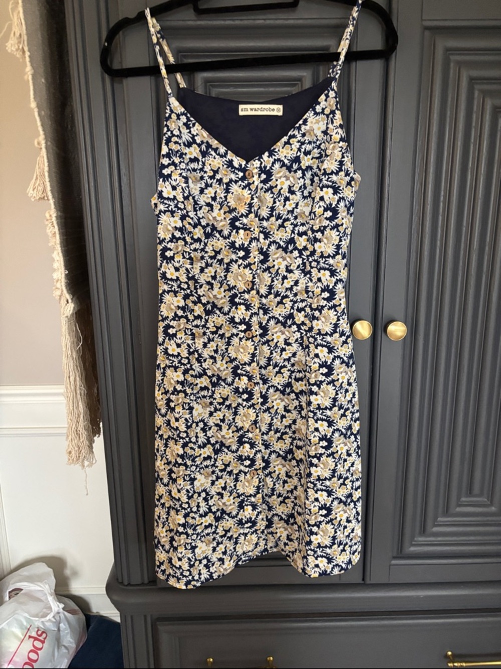 Navy Floral Midi Dress with Yellow Daisy Pattern